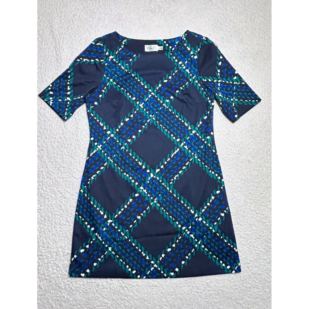 Eliza J Womens Dress 12P Petite Navy Geometric V-Neck Half Sleeve Sheath Knee